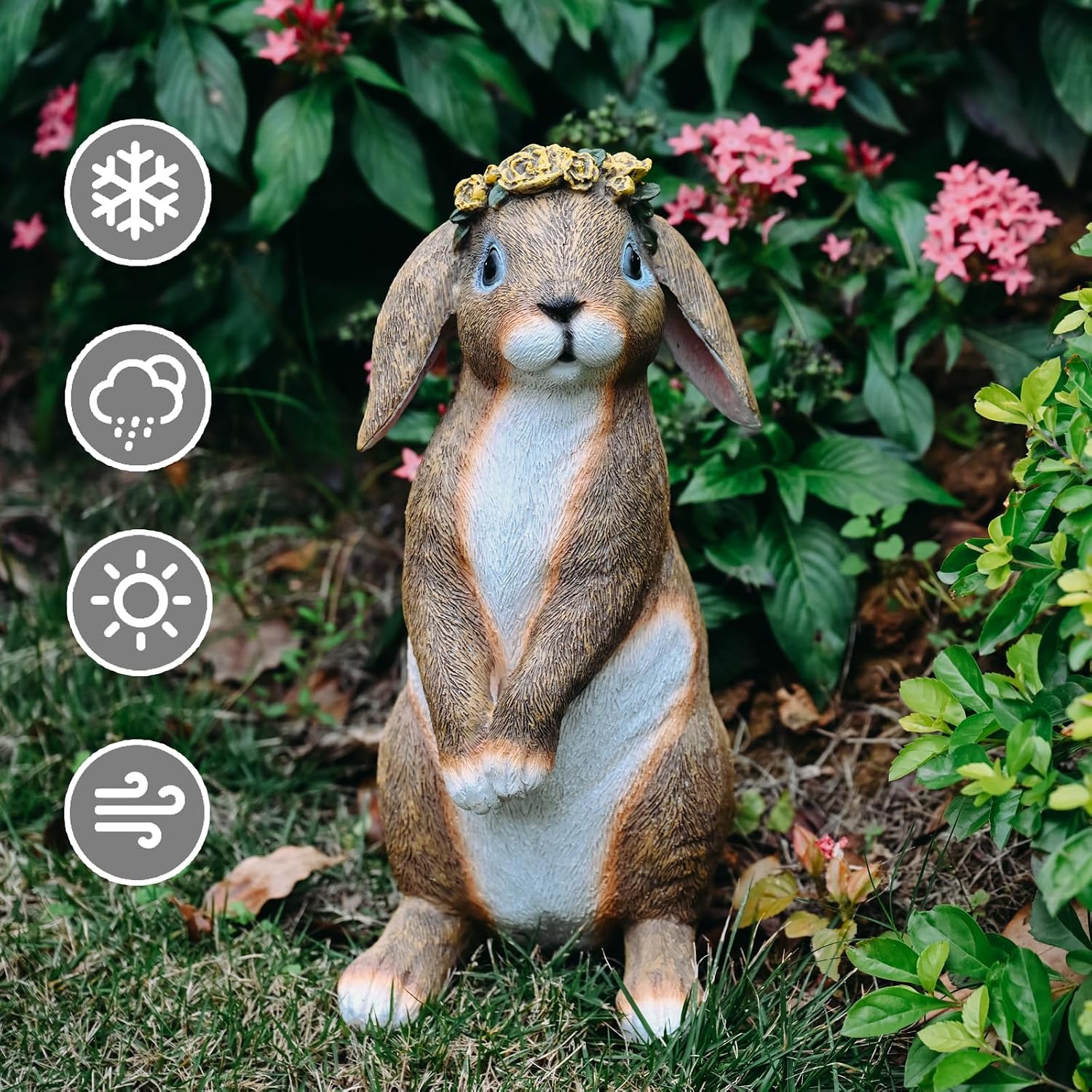 Lonyin Rabbit Garden Statue, Bunny Animal Figurines Indoor Outdoor Statues | Weather Resistant Flower Bunny for Yard