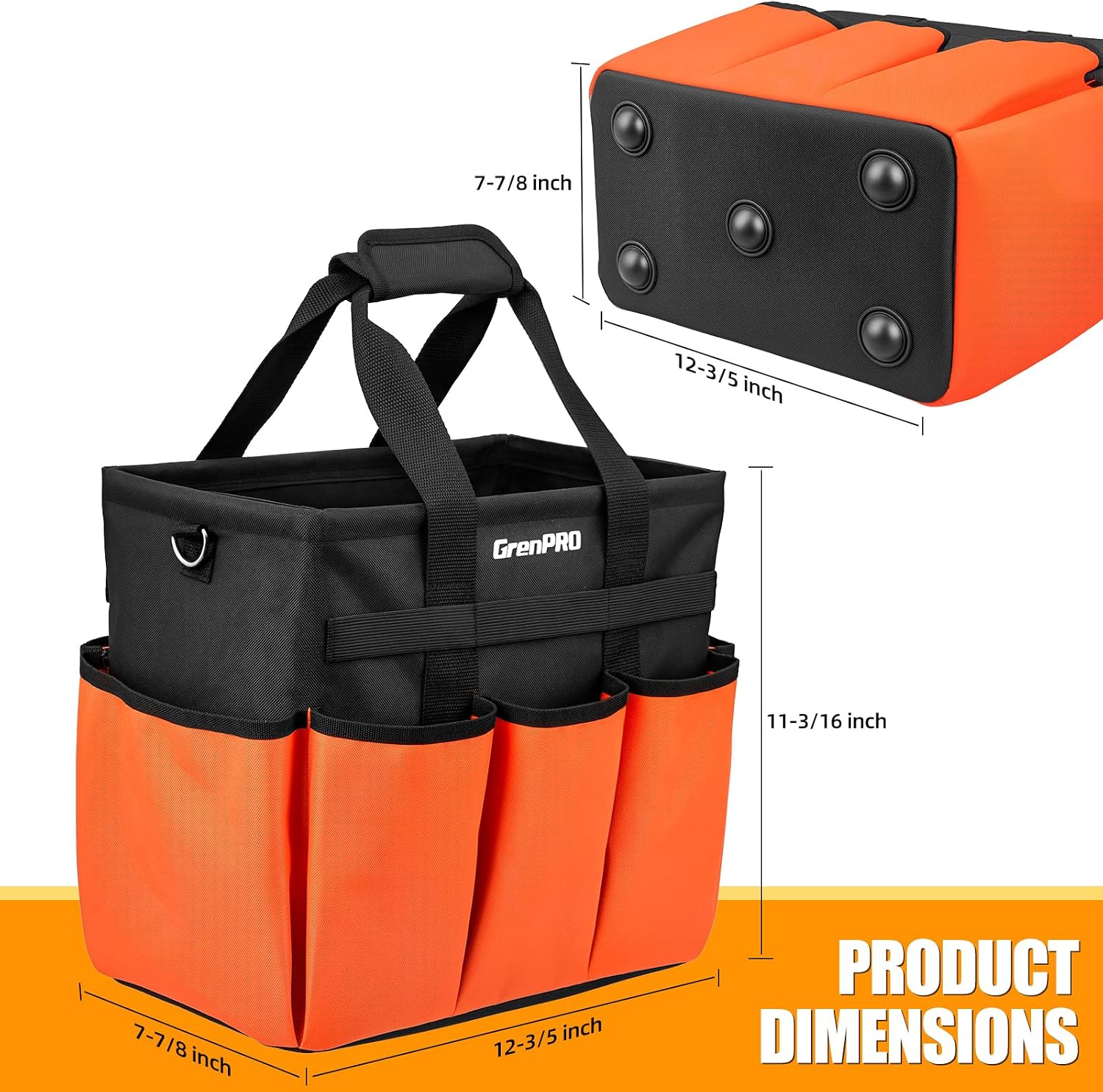 GRENPRO Garden Tool Bag, 10 Pockets, Adjustable Shoulder Strap, Orange | Heavy-duty gardening organizer tote stands