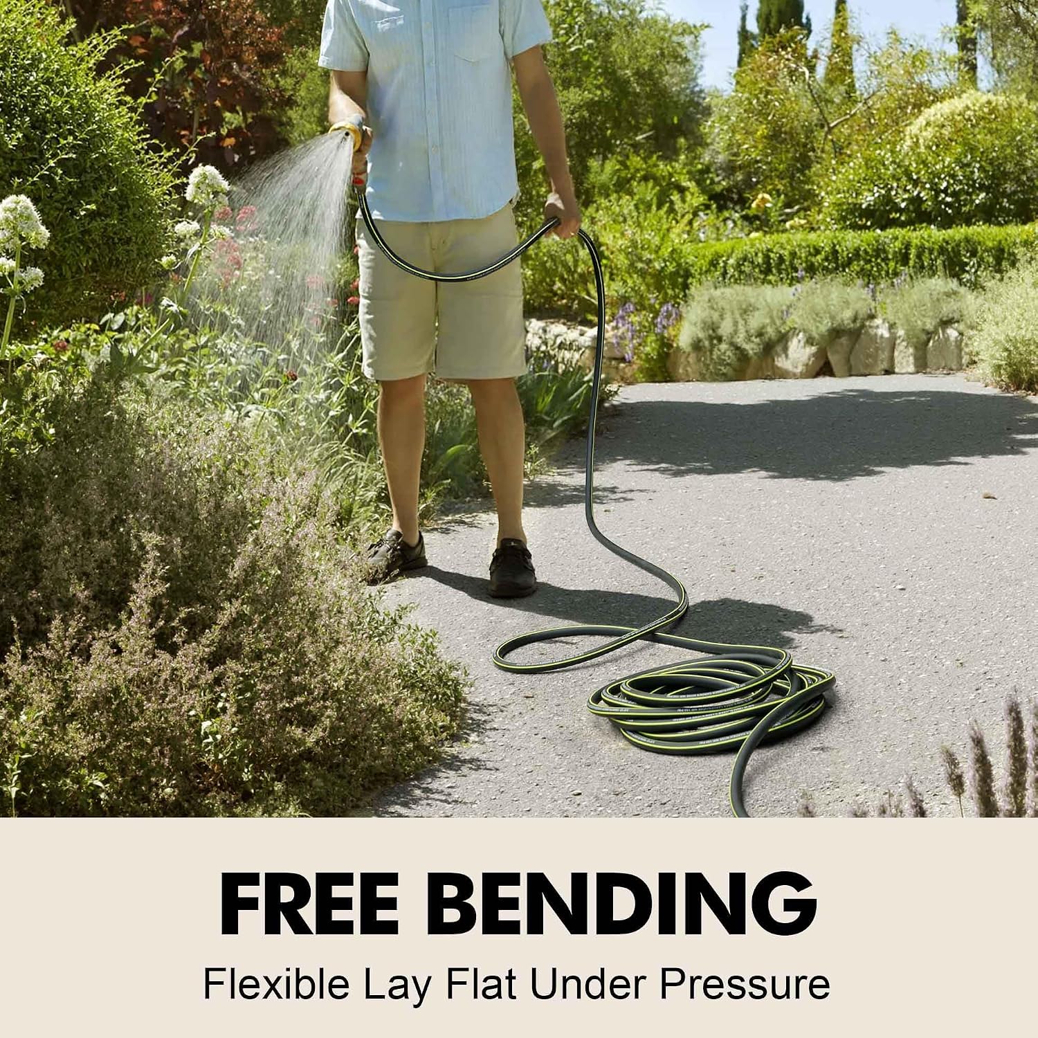 Flexible Rubber Garden Hose 50ft, 5/8" Hybrid Rubber Hose Heavy Duty | Solid Brass Fitting, 650PSI Burst Pressure