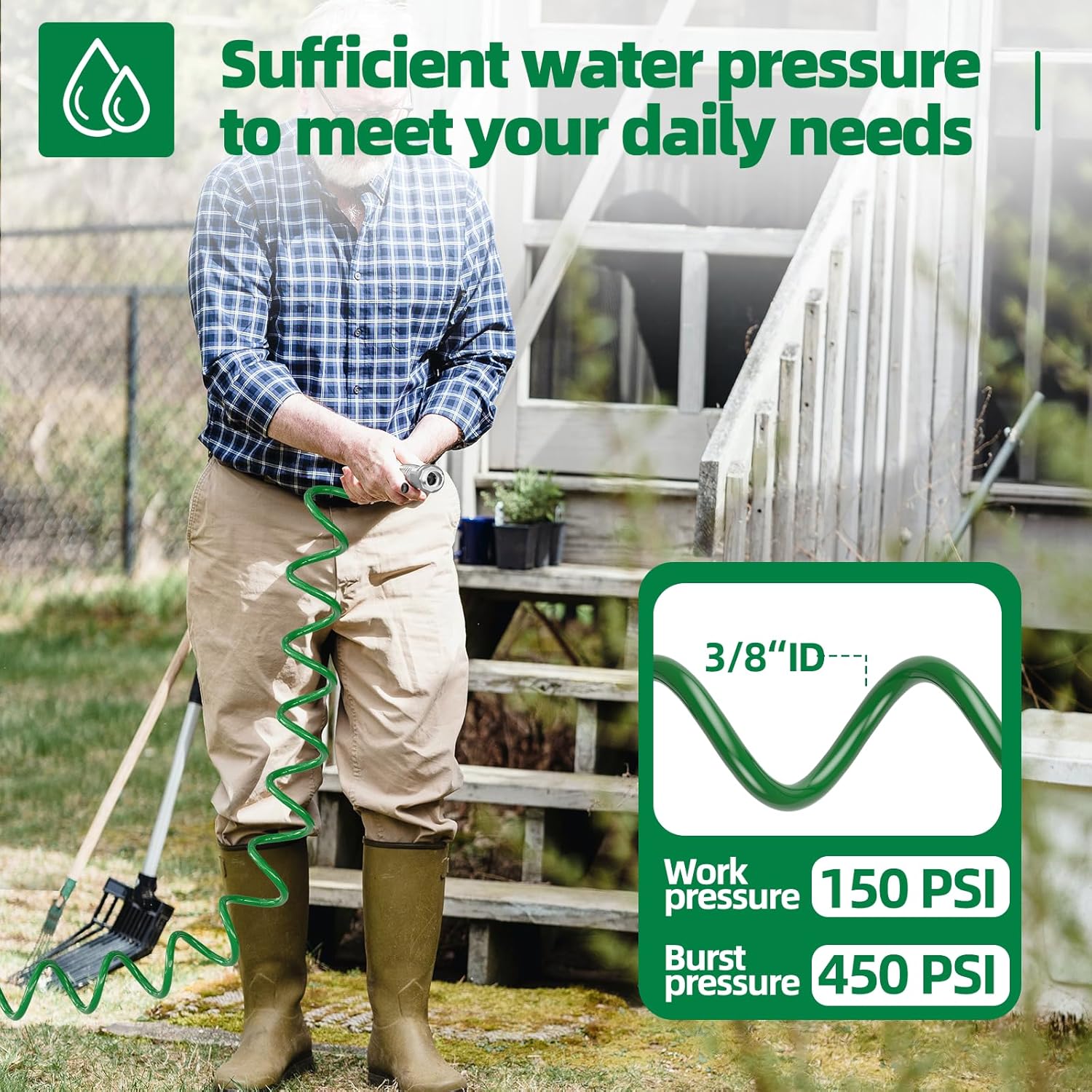 SPECILITE 3/8" Lightweight Coil Garden Hose 75 FT, EVA Flexible Water Hose | Curly Pipe with 6-Pattern Spray Nozzle for