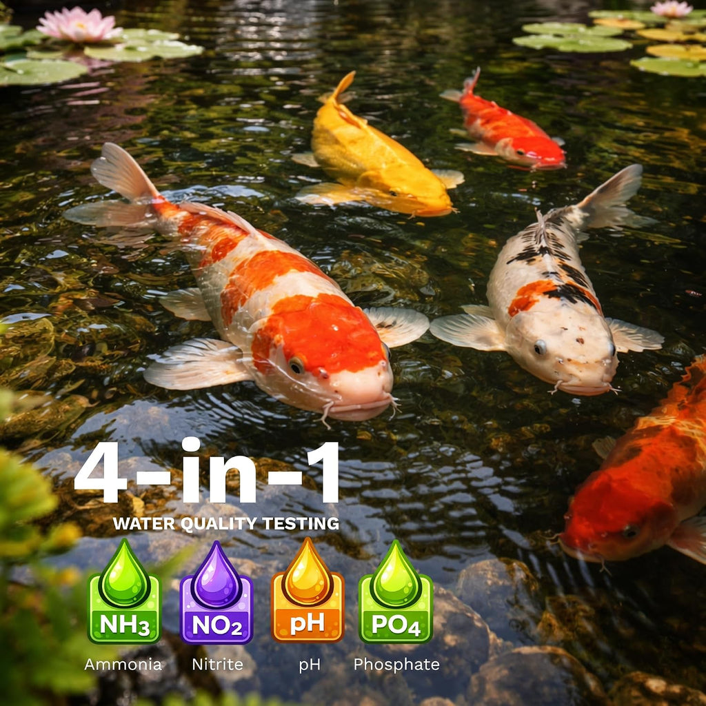 Half Off Ponds 4-in-1 Water Quality Test Kit | 215 total tests, Measures pH and Ammonia, Nitrite, Phosphate, Glass