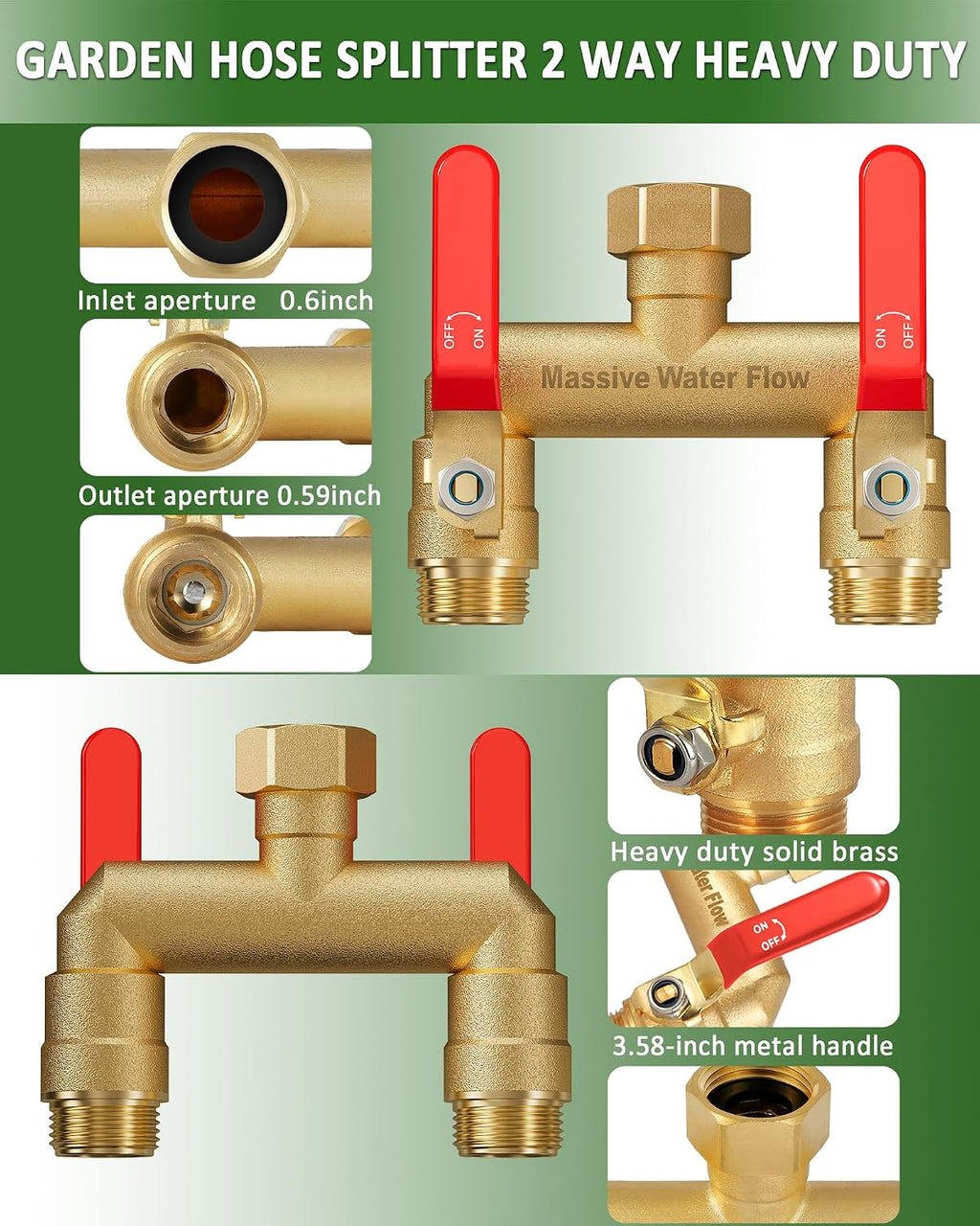 Hose Splitter 2 Way Heavy Duty, Full Flow Garden Hose Splitter with 2 Long Metal Handles, Brass Rust and Freeze
