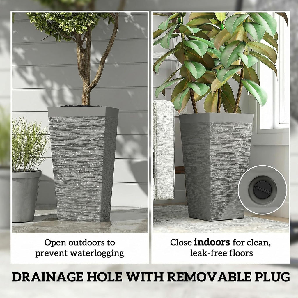 Outsunny 22.8 Inch Tall Planters for Outdoor Plants Set of 3, Gray | Wheels, Plastic Flower Pots, Stone Finish