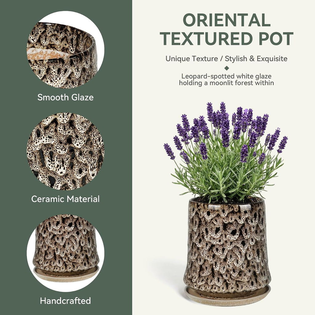 8 Inch Ceramic Planter Pot with Saucer Drainage Leak-Proof Mesh,Flower Pots for Lavender with Gardening Gloves,Ceramic