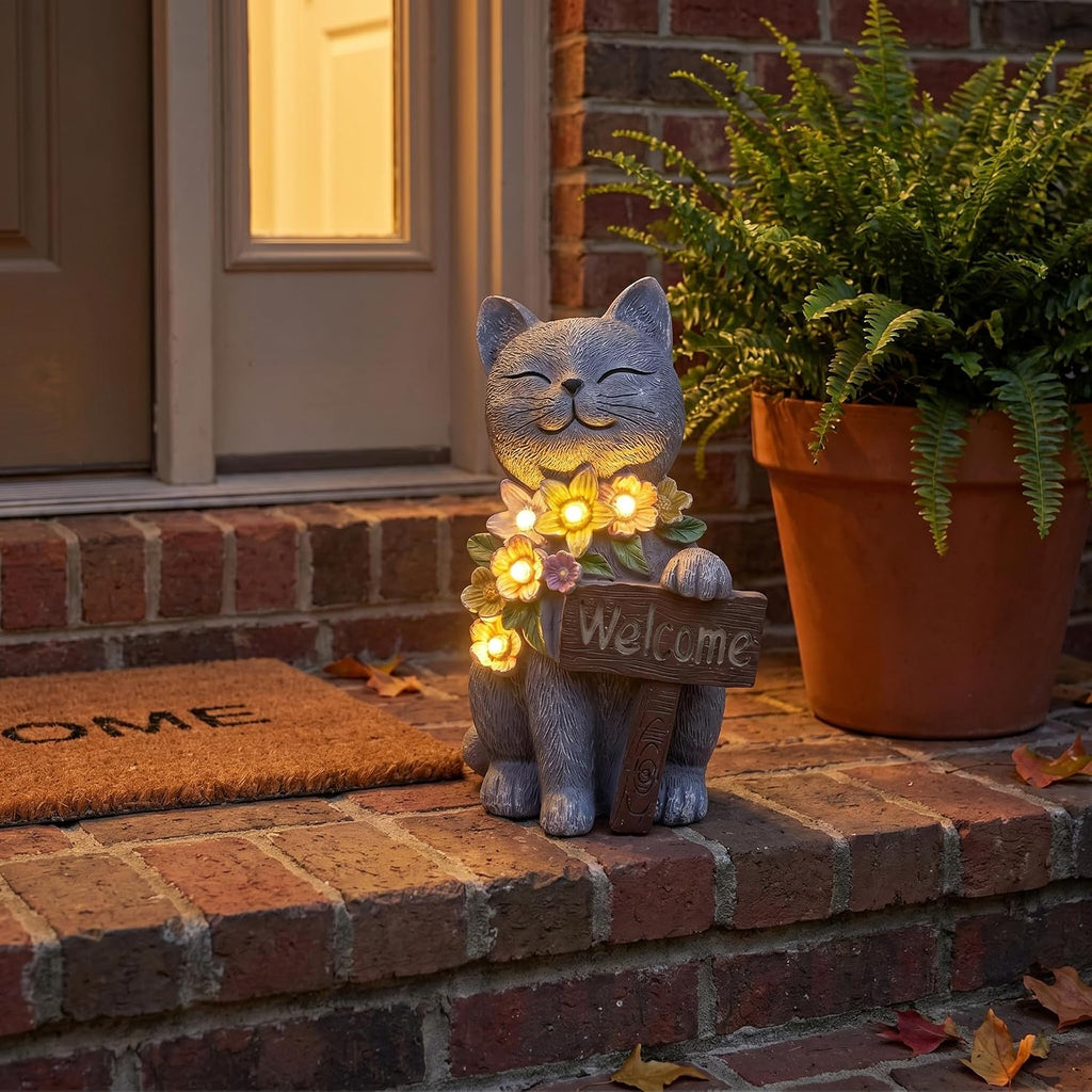 Solar Cat Garden Statue for Outdoor Decor, Cat Solar Light | Resin Welcome Cat with Flowers for Garden, Yard, Lawn
