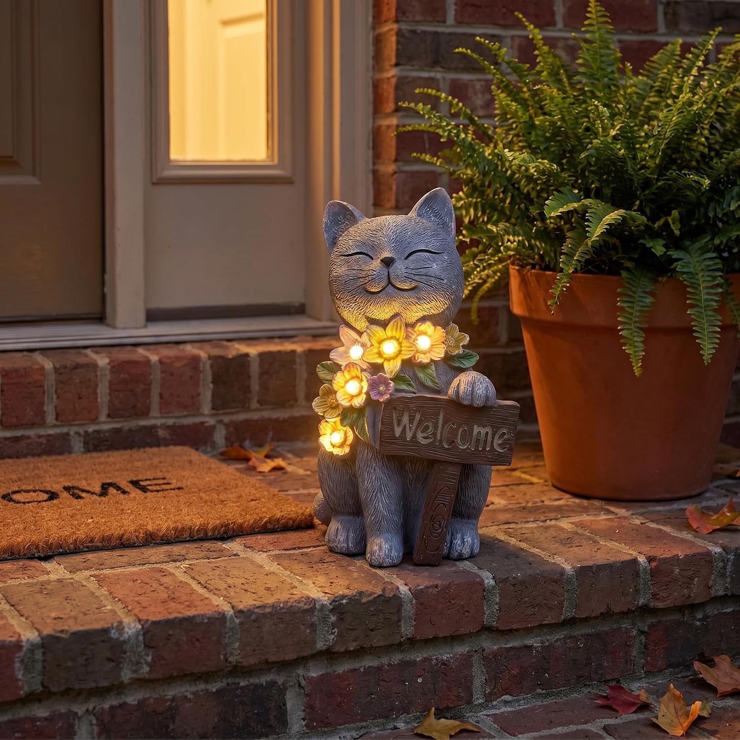 Solar Cat Garden Statue for Outdoor Decor, Cat Solar Light | Resin Welcome Cat with Flowers for Garden, Yard, Lawn