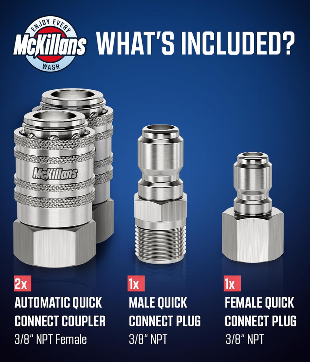 McKillans® 3/8" NPT Automatic Pressure Washer Quick Connect Kit of 4 - Stainless Steel - 3/8" Pressure Washer Quick