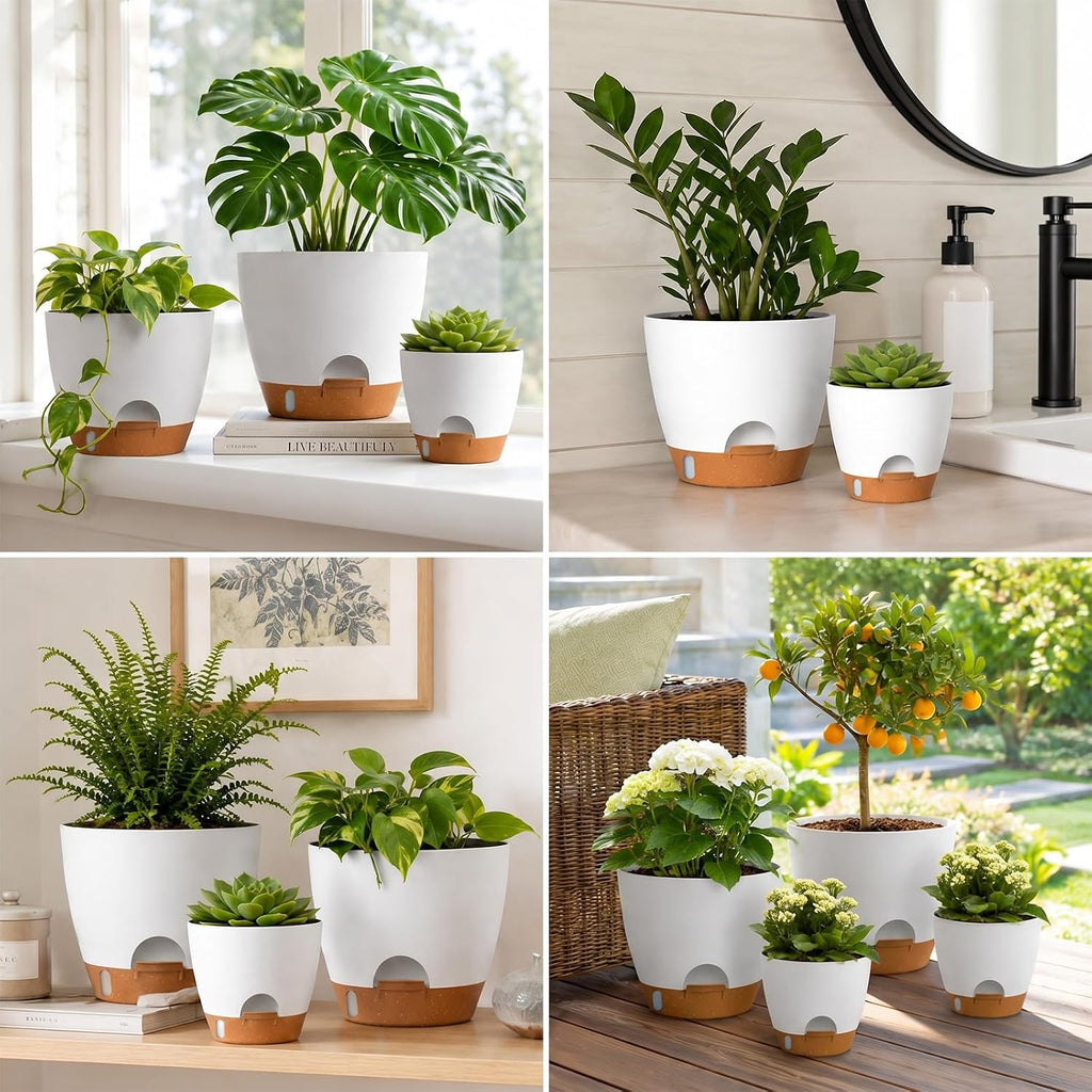 Large Self Watering Pots for Indoor Plants, 12/10/9/8 Inch White | Repotting Mat Included, Water Level Indicator, Deep