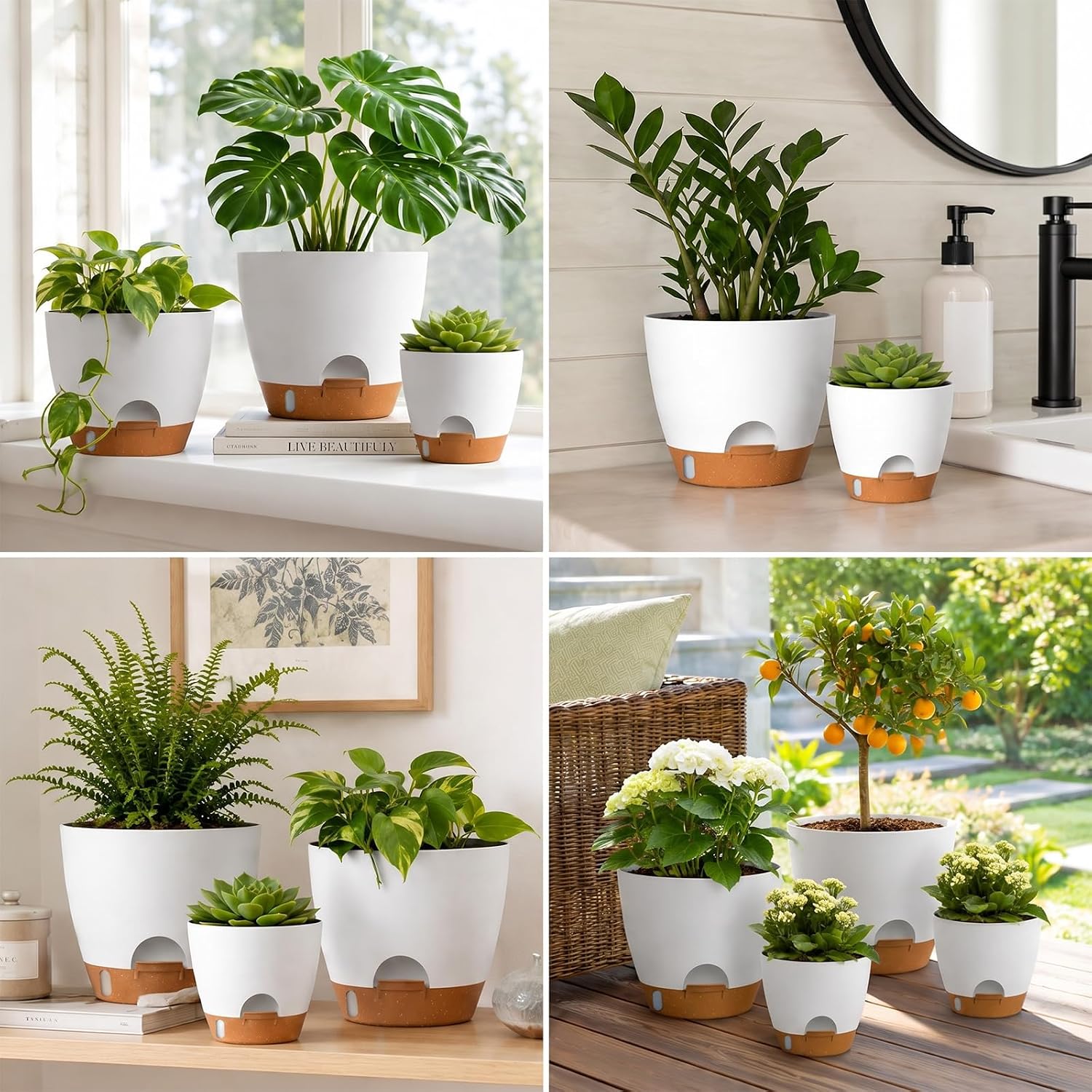 Large Self Watering Pots for Indoor Plants, 12/10/9/8 Inch White | Repotting Mat Included, Water Level Indicator, Deep