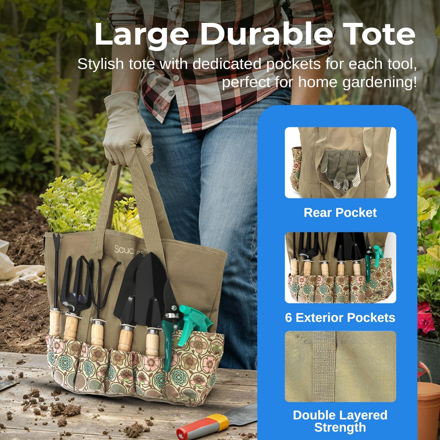 Scuddles 8-Piece Garden Tool Set with Bag, Stainless Steel Tools, Wooden Handles and Soft Poly-Cotton Gloves for