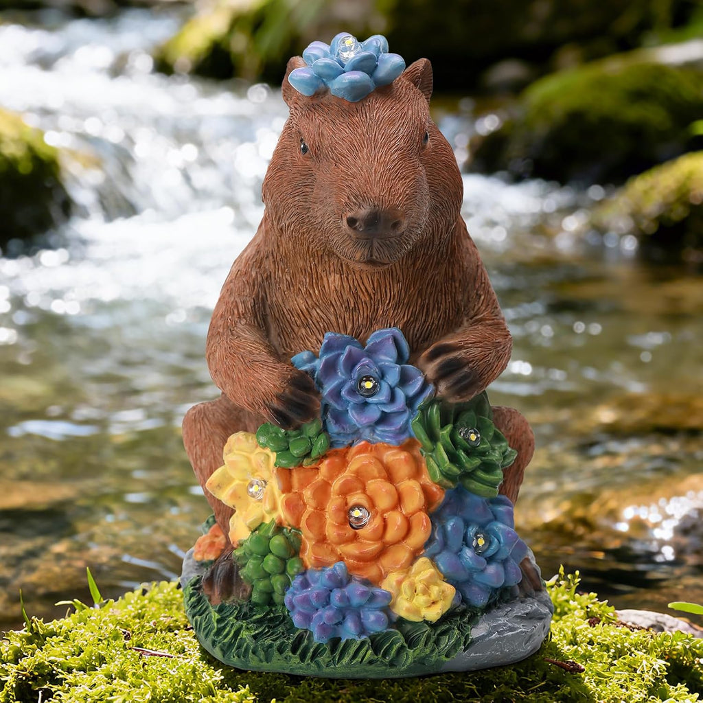 Solar Capybara Garden Statue with Flower LED Lights, Resin Capybara Garden Decor, Outdoor Statue, Patio, Yard, Pond