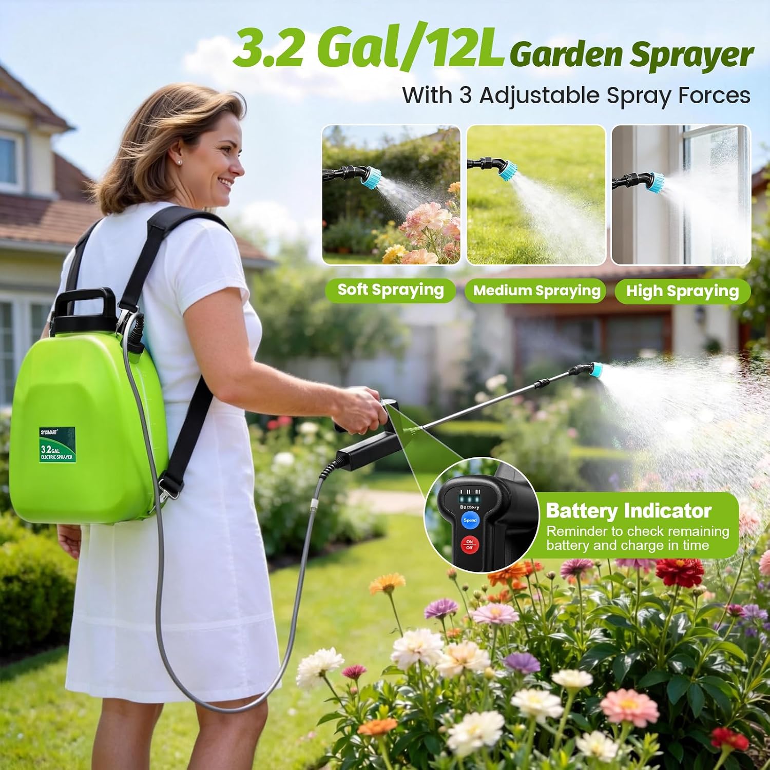Battery Powered Backpack Sprayer 3.2Gallon, Electric Sprayer with 3-Adjustable Sprayings, Battery Indicator, 5 Nozzles