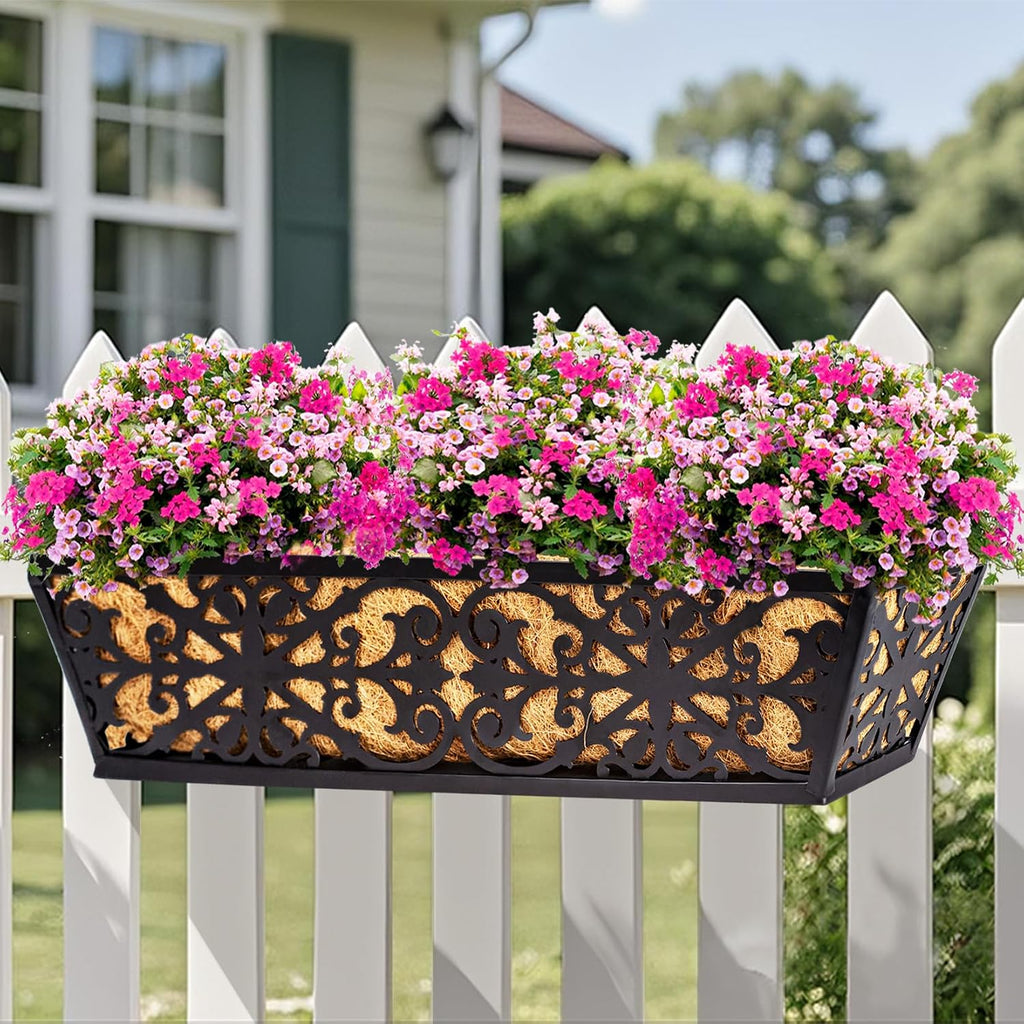 2 Pack 24 Inch Window Boxes Planters Railing Planter Box with Adjustable Brackets & Coco Liners Fabric Plant Grow Bags