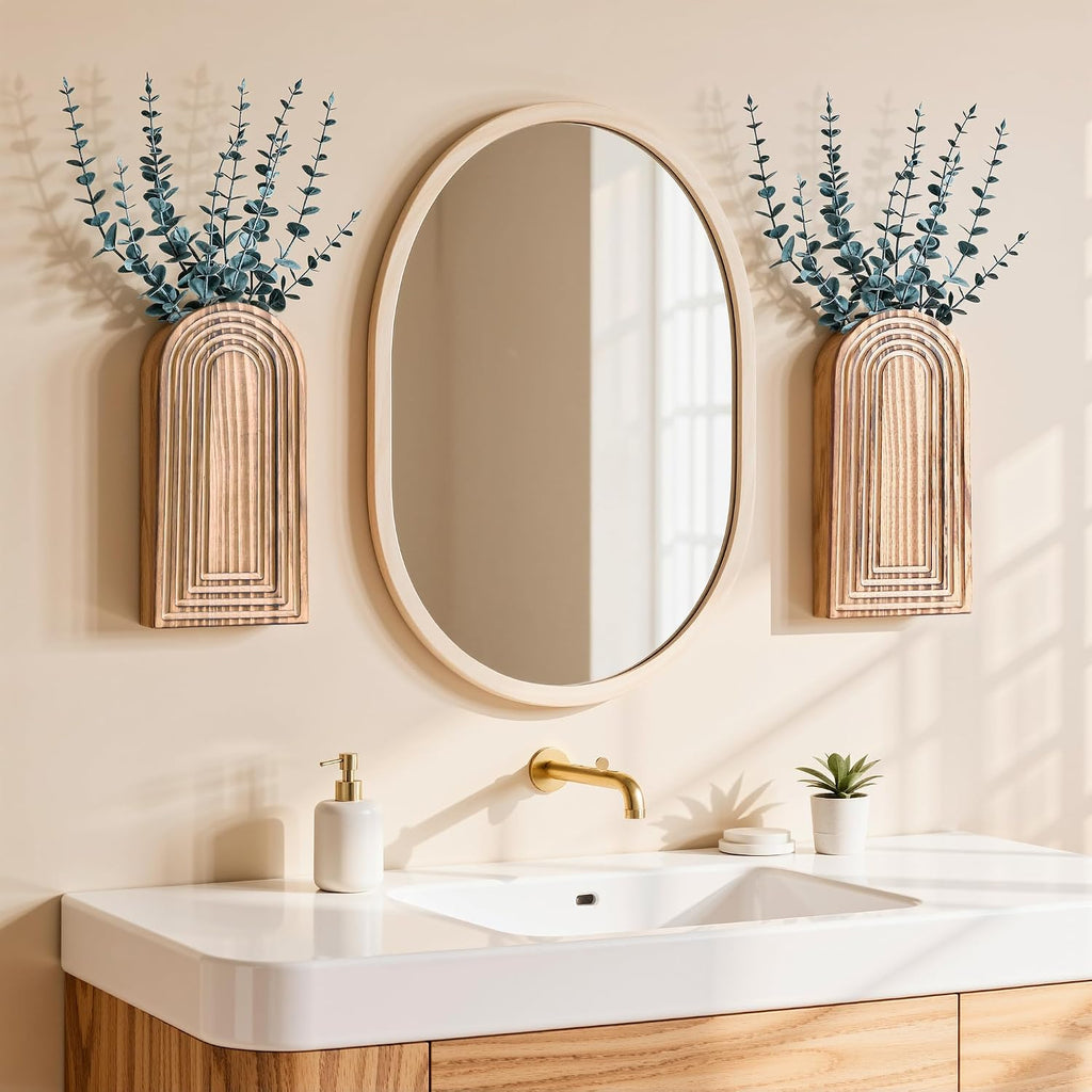DREAMLOOM 2 Pack Wooden Wall Vases with Eucalyptus Artificial Plants, Wall Hanging Planters Boho Modern Farmhouse