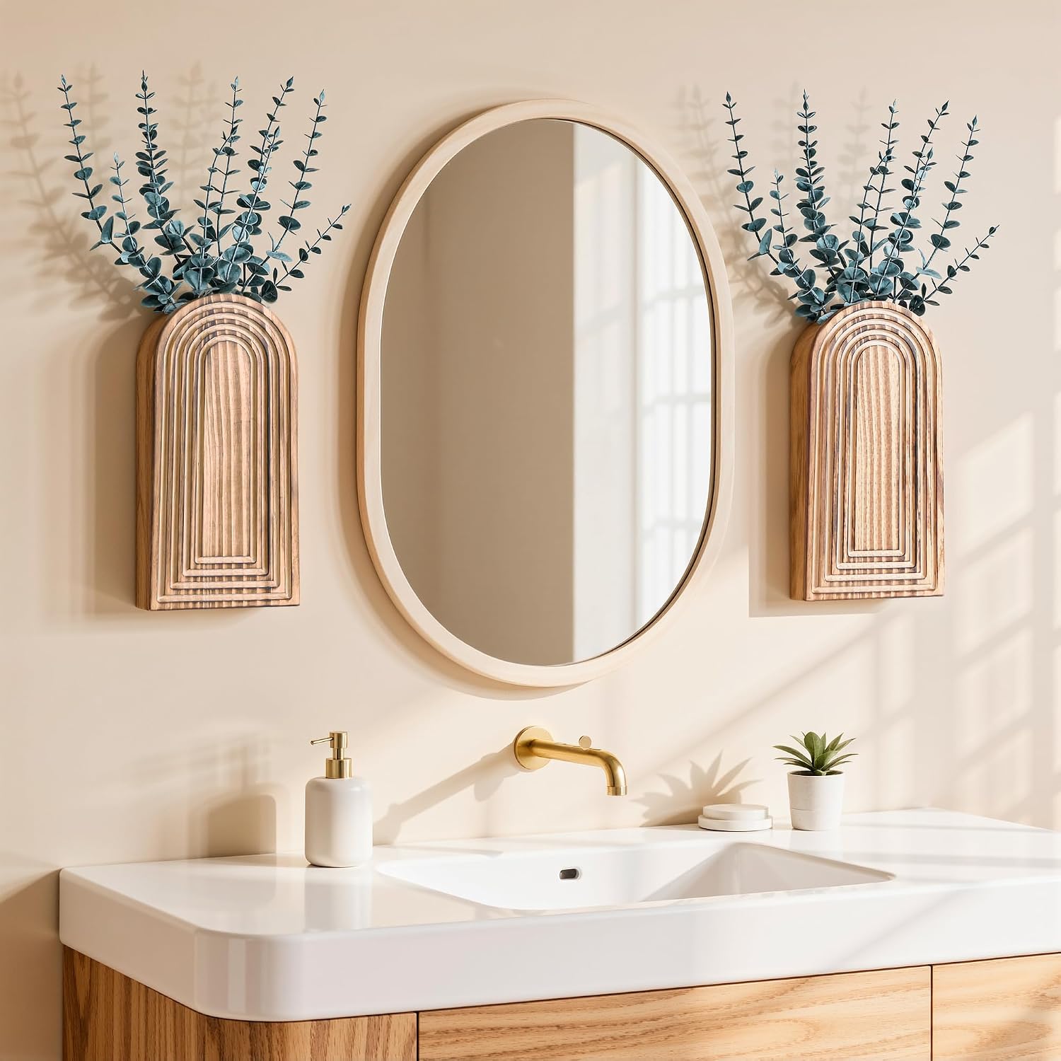 DREAMLOOM 2 Pack Wooden Wall Vases with Eucalyptus Artificial Plants, Wall Hanging Planters Boho Modern Farmhouse