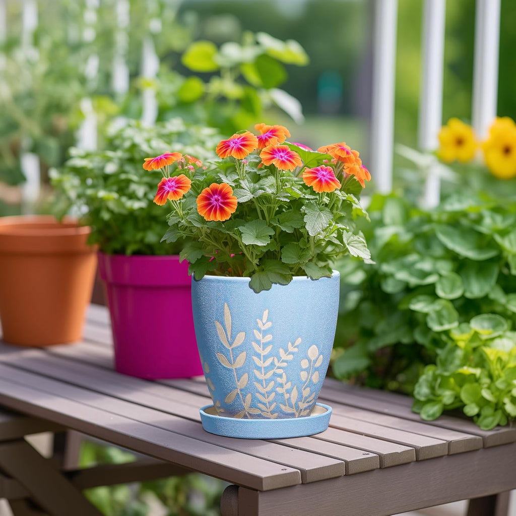 6 Inch Ceramic Plant Pot with Saucer - Small Flower Pot with Drainage for Succulents & Herbs, Boho Desk Home Office