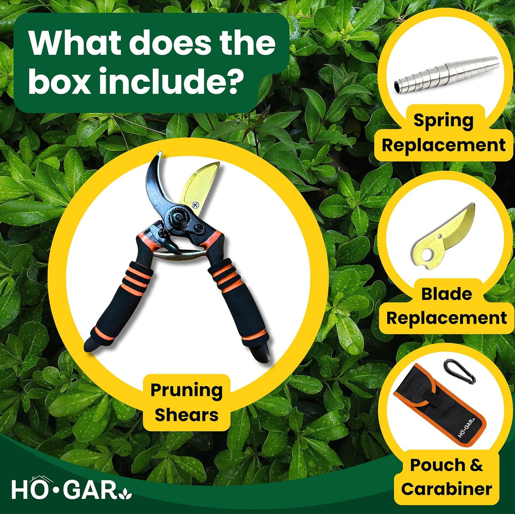 HO.GAR Premium Titanium Bypass Pruning Shears Kit: Heavy Duty Professional Hand Pruners, Gardening Scissors, Ergonomic