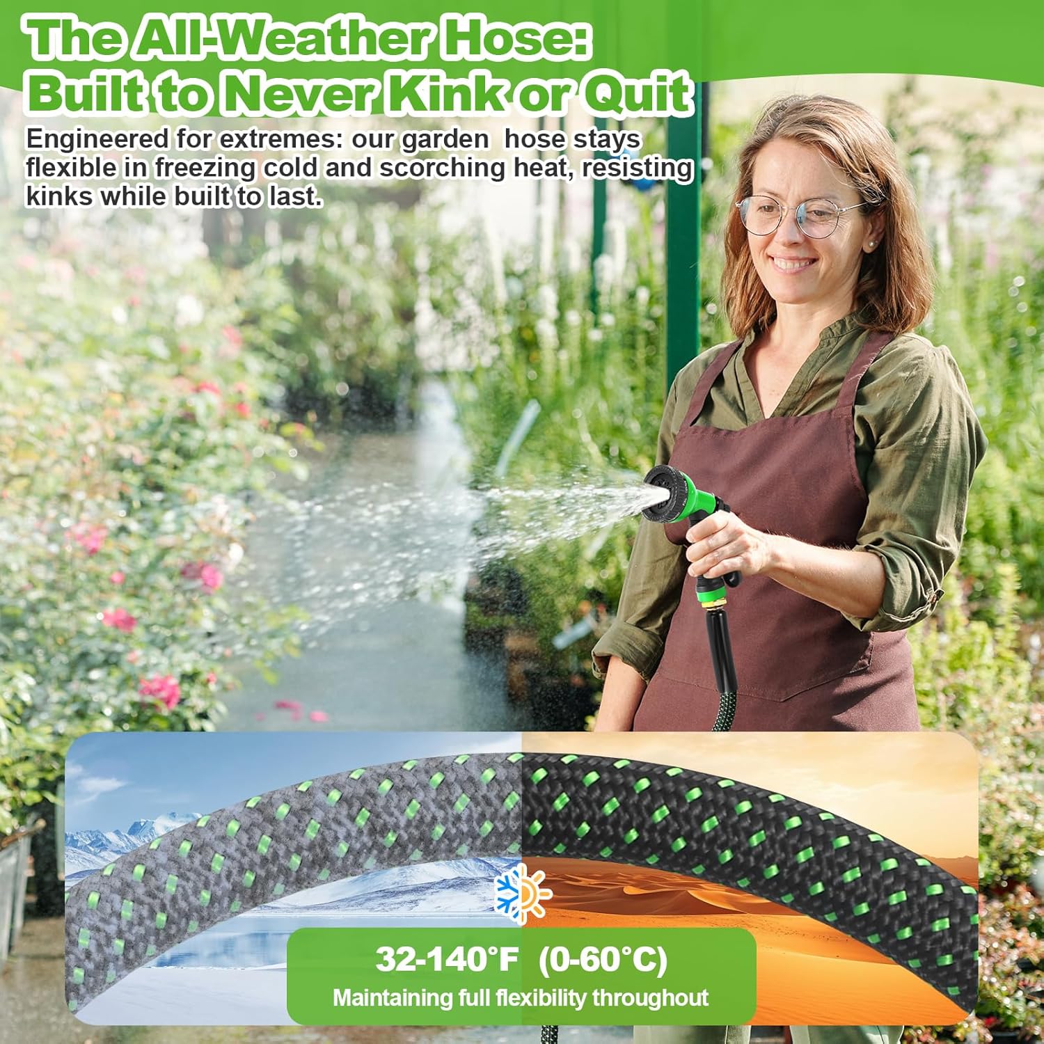 Garden Hose 50ft, Non-Expanding Water Hose with 10 Function Nozzle | Lightweight, Kink Free, Sturdy, Leak-Proof