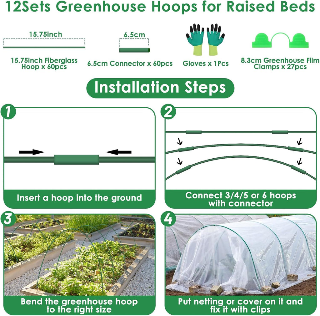 60 Pcs Garden Hoops for Raised Beds, 12 Sets Greenhouse Hoops Grow Tunnel Rust-Free Fiberglass Hoop House Kit, Plant