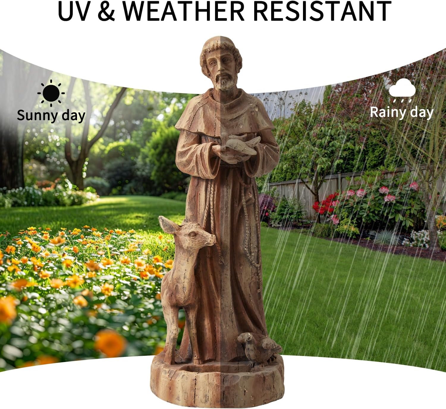 25" Saint Francis Statue with Bird Feeder, Outdoor Garden Decor | Hand Painted St. Francis with Animals Garden Statue