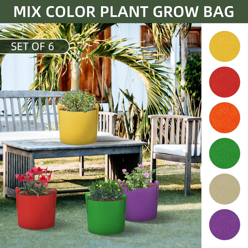 6 Pack 15 Gallon Grow Bags, Colorful Fabric Plant Pots with Handles, Garden 10 Gal Fabric Grow Pots, Vegetable Plant