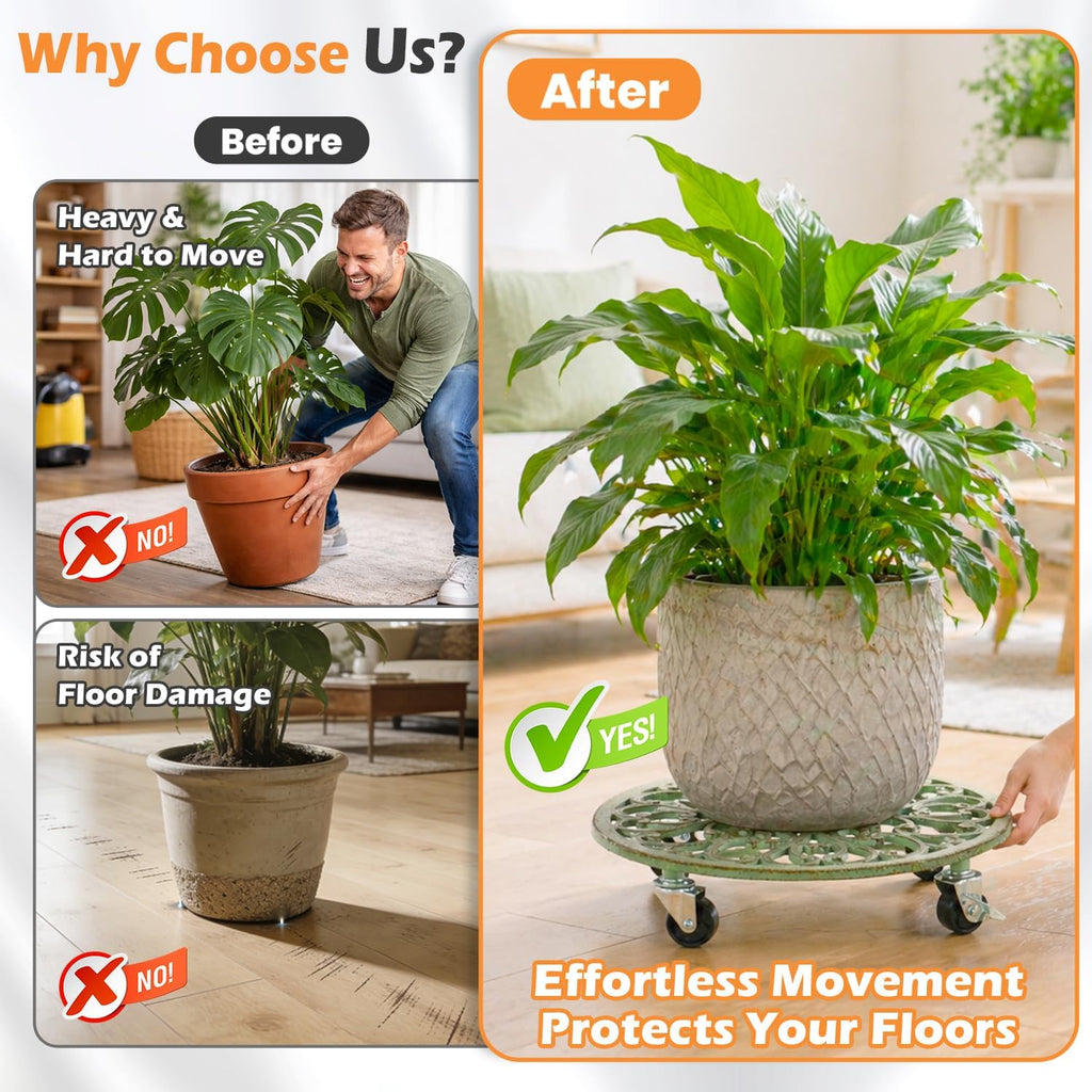 2 Pack Rolling Plant Caddy with Wheels Heavy Duty, 14 Inch Cast Iron Plant Rollers with Wheels, Planter Stand on Metal