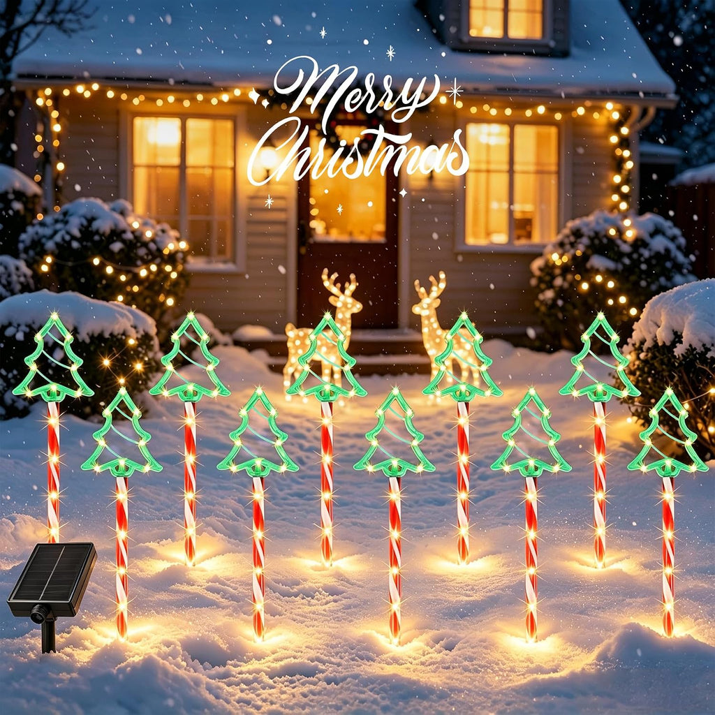 Solar Christmas Tree Pathway Lights Outdoor, 10 Pack Tree Candy Cane Lights
