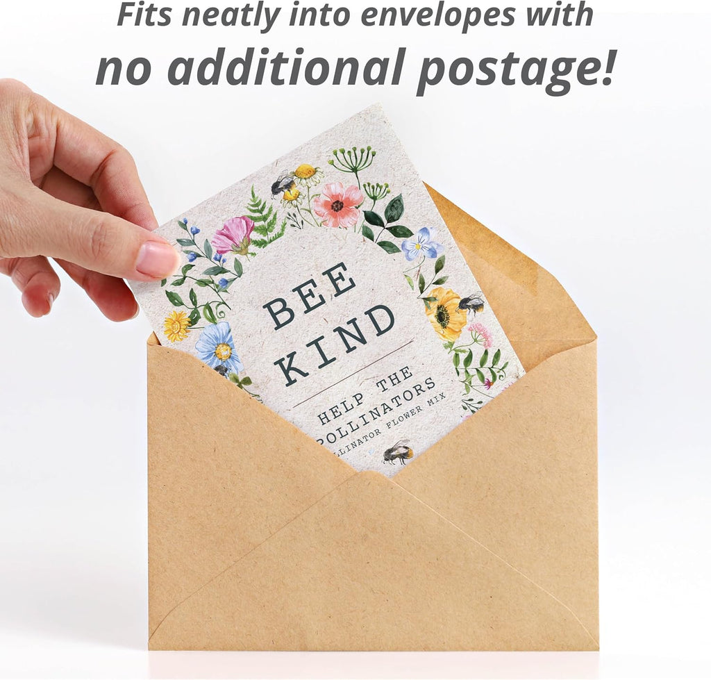 Bee Kind Pollinator Flowers | Beautiful Bee Art Kraft Look Seed Packets | Environmental Favors Cards for Guests