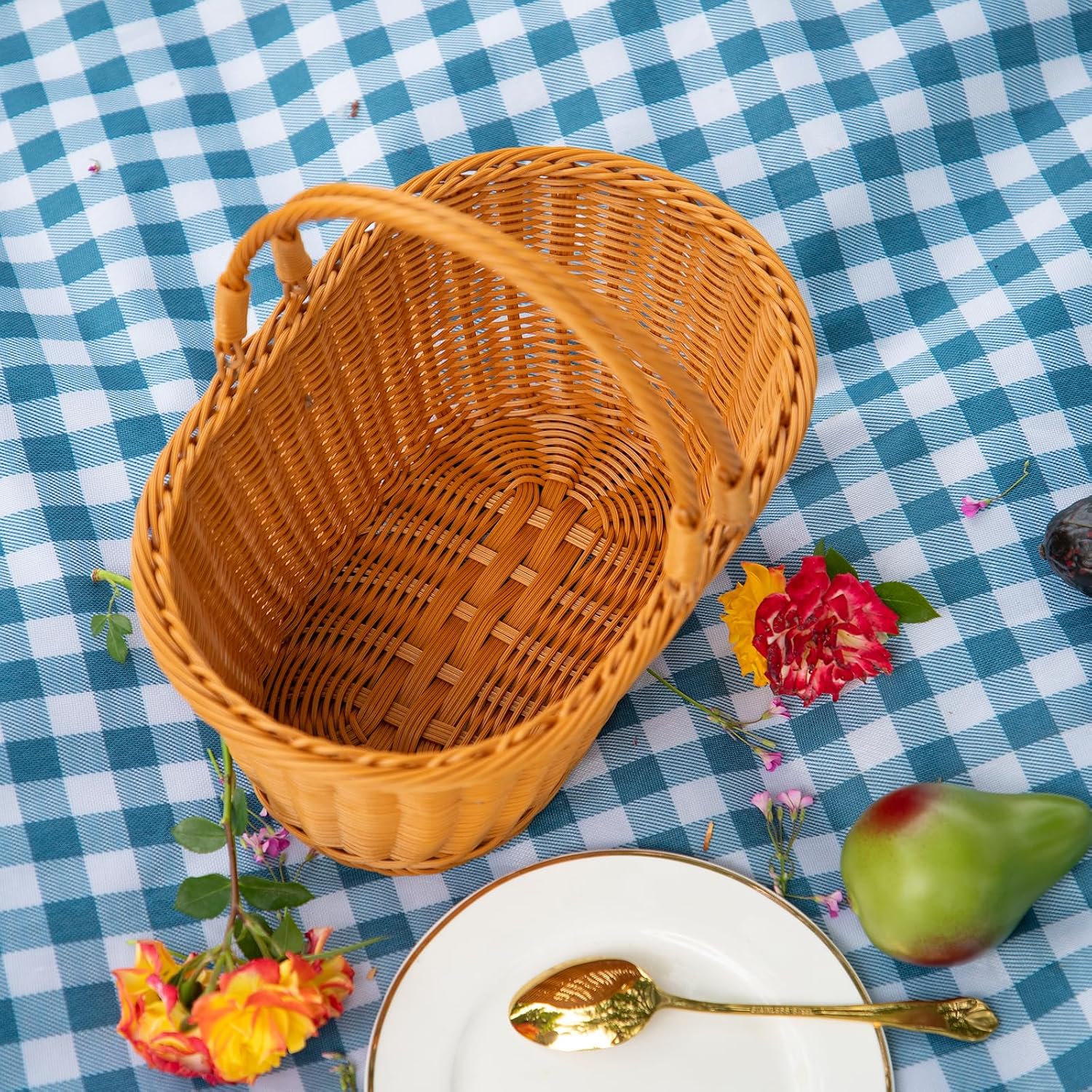 Rattan Picnic Basket with Handle, Garden Harvest Basket, Gathering Storage for Vegetable Fruit, Easter 13" x 9" x5.5"