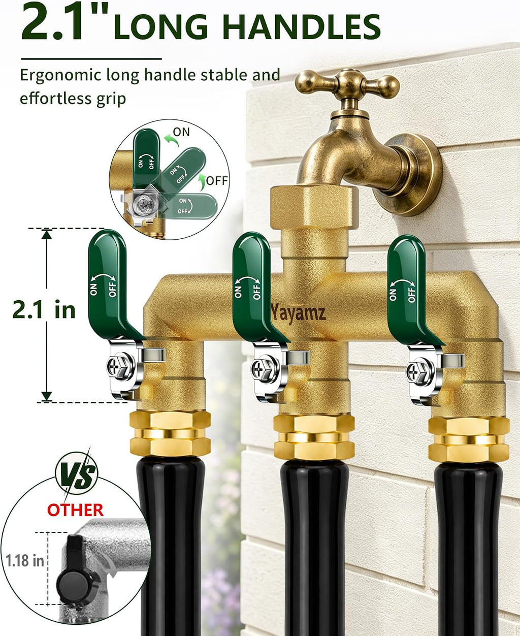 3 Way Garden Hose Splitter, 3/4" GHT Full Flow Hose Splitter | One-Piece Heavy Duty Full Brass Body with Shut-off