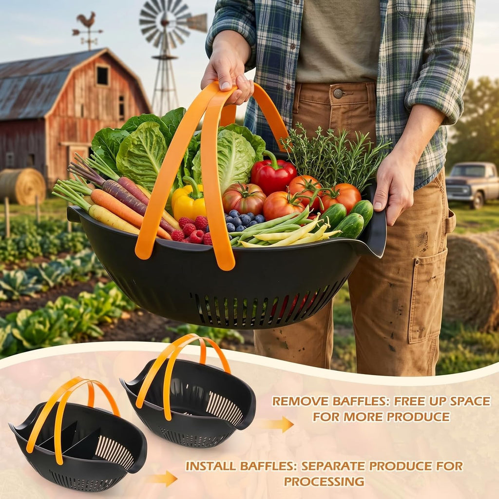 Nuogo 3 Pcs Garden Harvest Basket with Dividers Tool Caddy,Black | Removable Partitions, Doubles Colander for Veggies