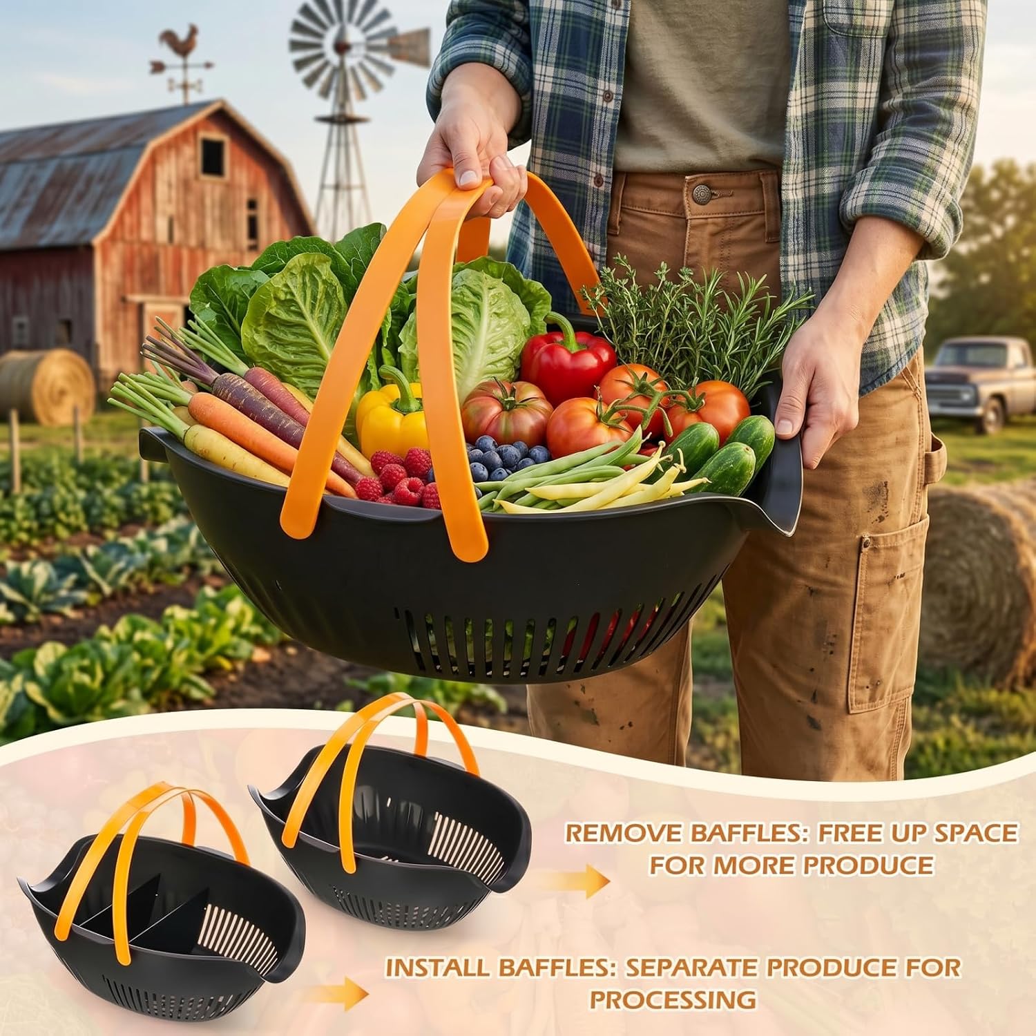 Nuogo 3 Pcs Garden Harvest Basket with Dividers Tool Caddy,Black | Removable Partitions, Doubles Colander for Veggies