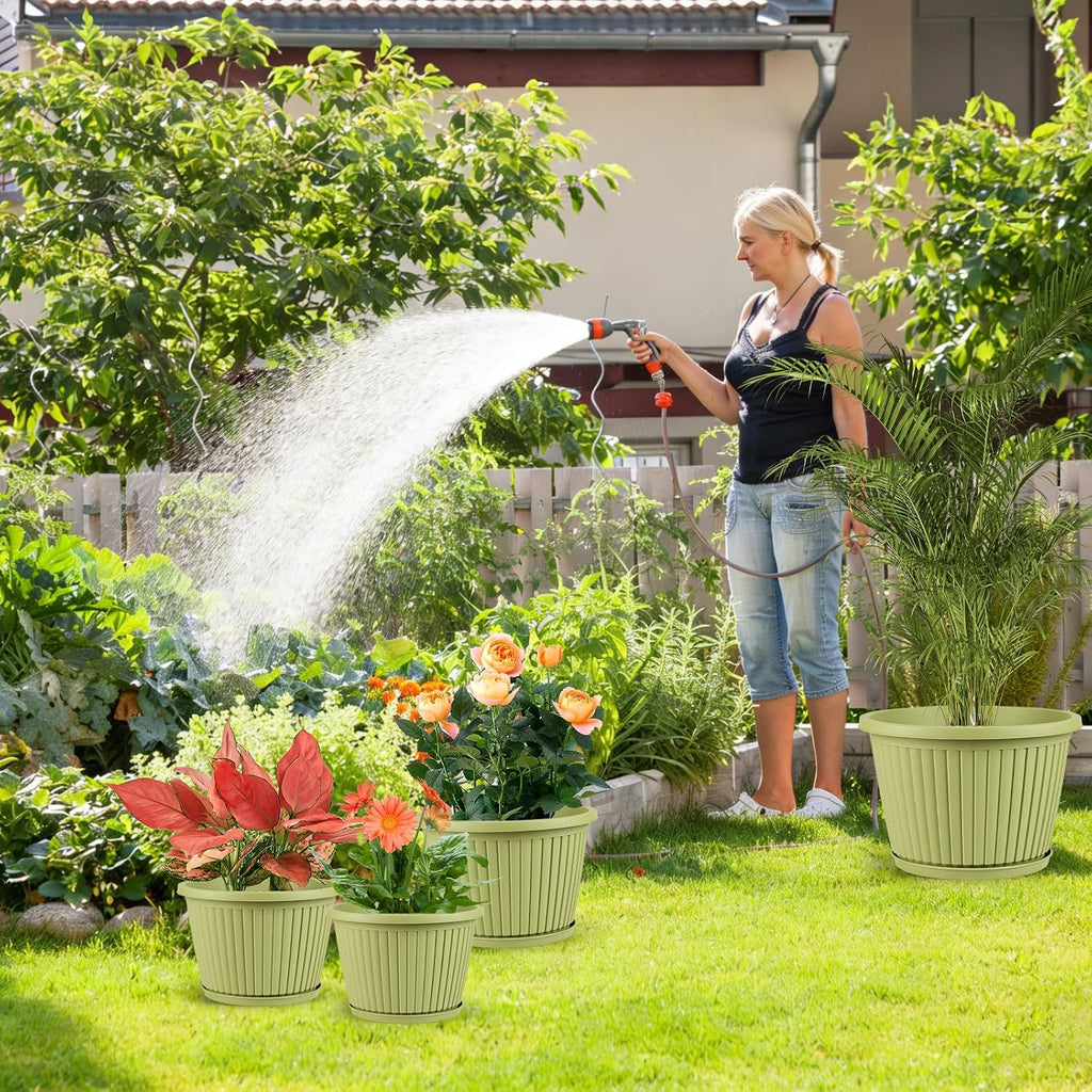 10-inch-Planters-for-Outdoor-Plant，Plastic Indoor Flower Pots with Drainage Holes & Saucer，4 Packs Decorative Garden