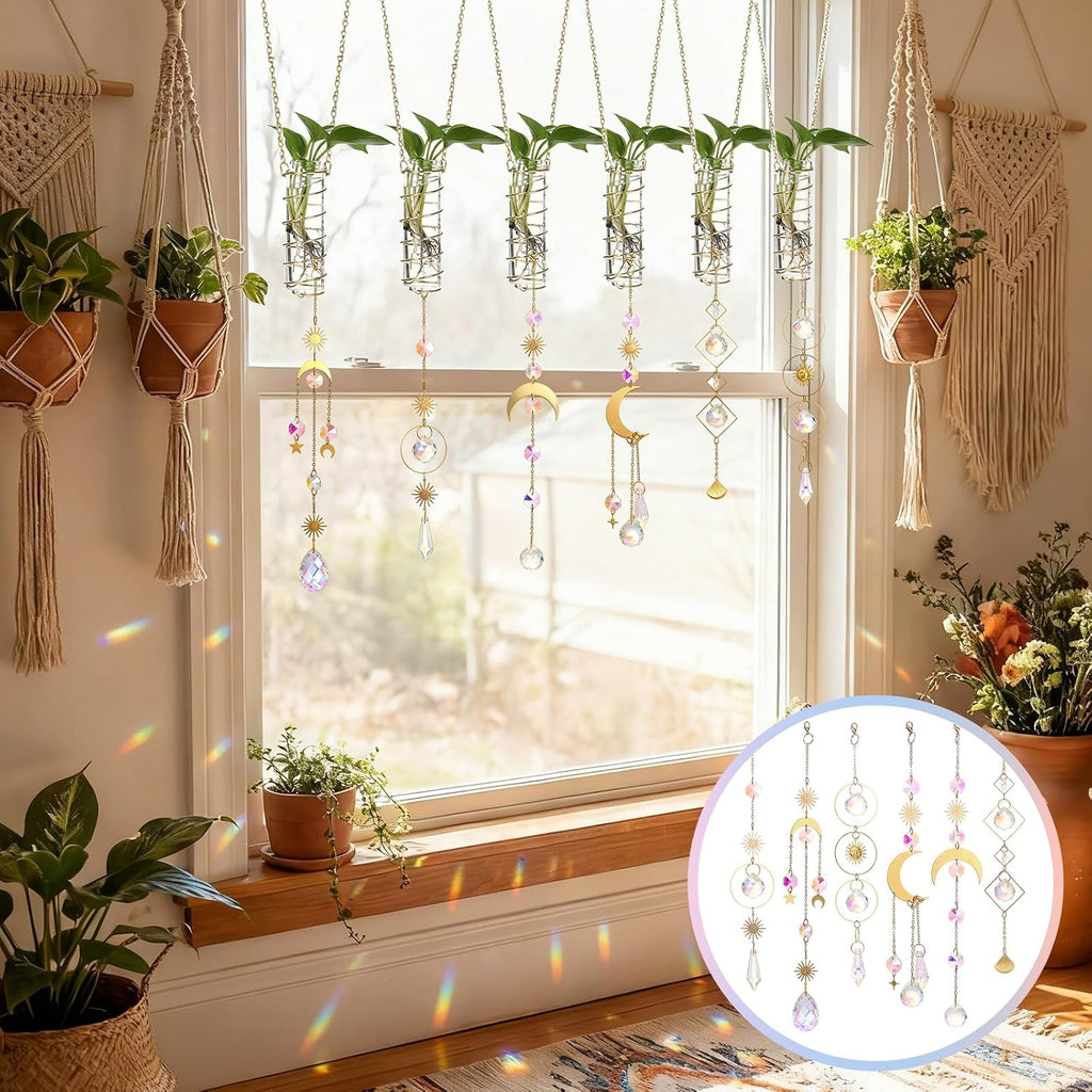 6 Pcs Plant Propagation Station Colorful Crystal Suncatcher, Handmade Boho Rooting Vase, Hanging Window Plant