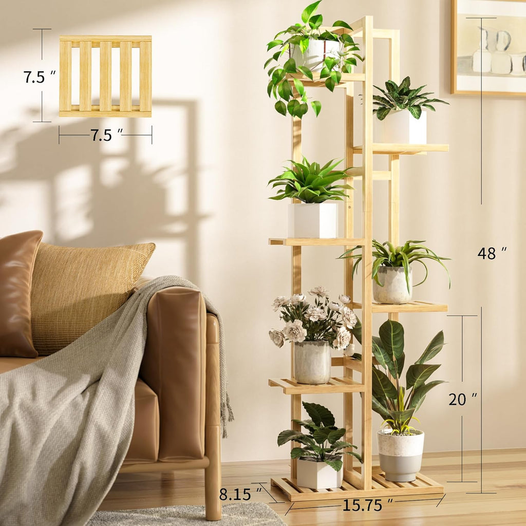 ROMGUAR CRAFT 6 Tier Bamboo Plant Stand Indoor, Wood Tall Flower Holder Corner Tiered Plant Shelf for Multiple Plants