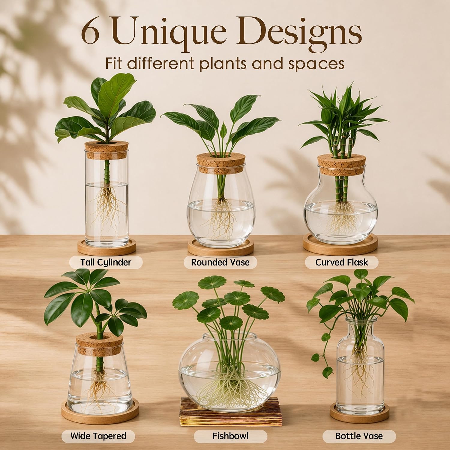 6 Pcs Plant Propagation Station Set, Glass Propagation Vases for Plants with Wooden Lids & Bamboo Stands, Hydroponic