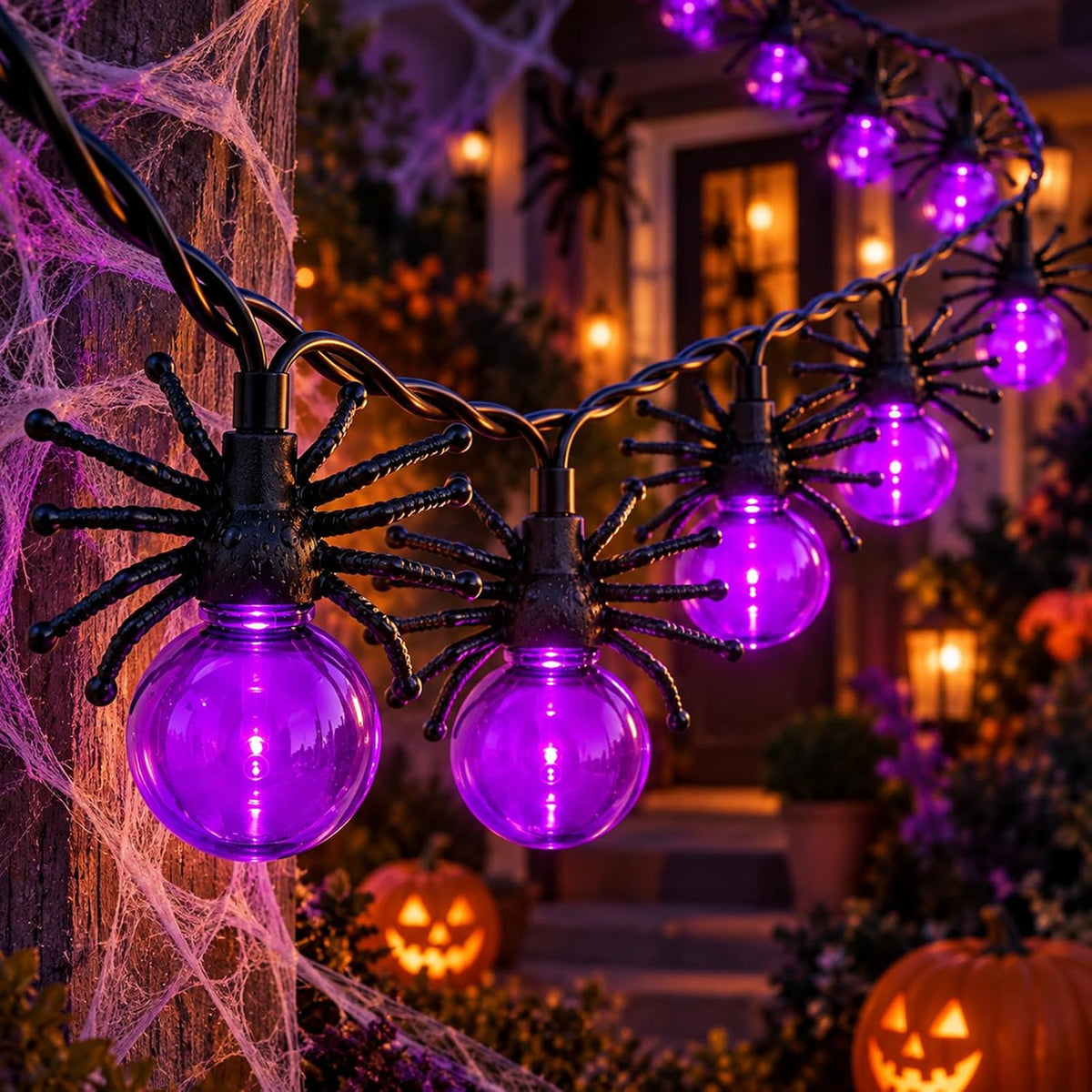 8.5FT Halloween LED Spider String Lights Plug-In 10 Purple Spiders Decor
