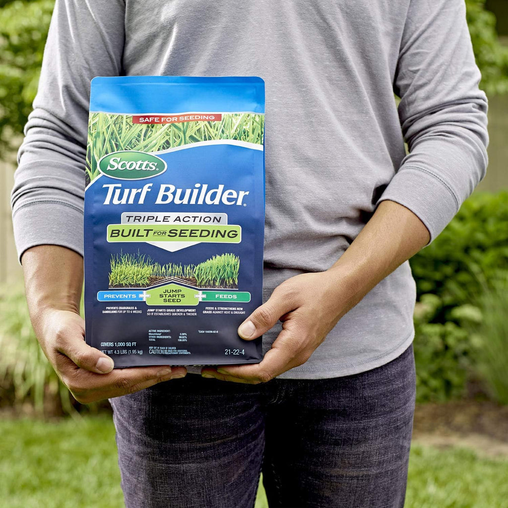 Scotts Turf Builder Triple Action Built for Seeding, 4.3 lbs. | Weed Preventer and Fertilizer for New Lawns, Covers