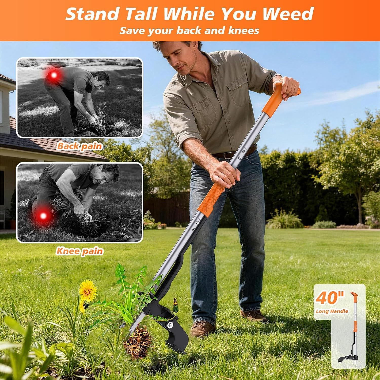 Stand Up Weed Puller Tool - 4-Claw Steel Head Hand Weeding Tool - 40" Retractable Handle with Easy-Eject Mechanism for