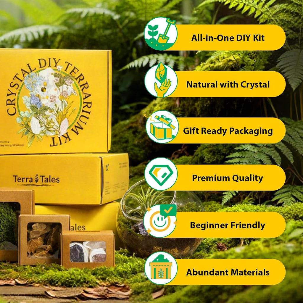 DIY Crystal Terrarium Kit - 21-Pieces All-In-One Starter Kit with Preserved Moss, Pumice, Crystals, Coconut Coir, Tools