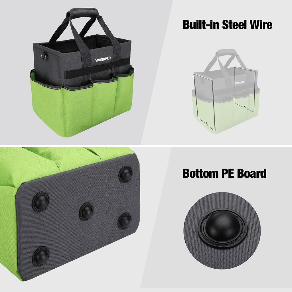 WORKPRO Garden Tool Bag, 10 Pockets and Shoulder Strap, Green | Heavy Duty Gardening Organizer Tote Bag, Standable