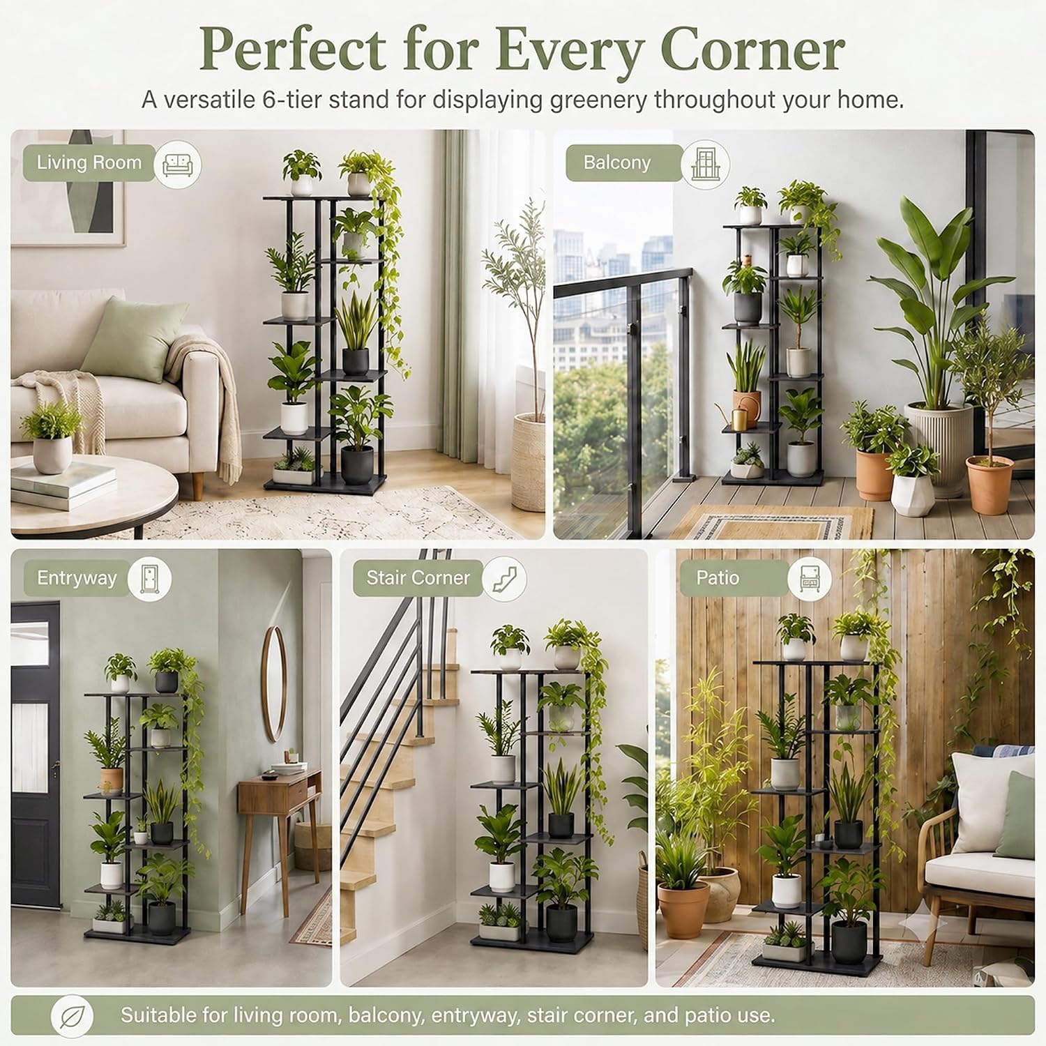 Corner Tall Plant Stand Indoor 6 Tier 8 Potted, Black | Functions as Flower Pots, Shelf, Decor Rack, Holder, Metal