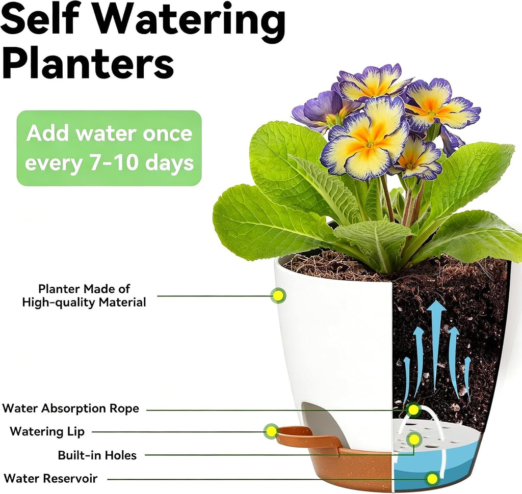 6-Pack Self Watering Pots for Indoor Plants, White | 5/5.5/6/6.5/7-inch sizes, Indoor/Outdoor Planters, Drainage Holes