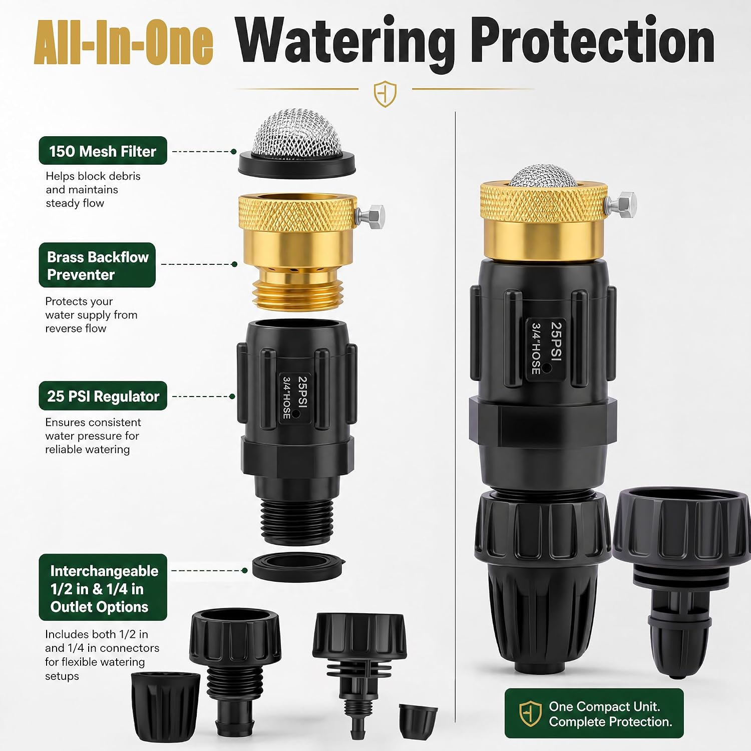 Drip Irrigation Faucet Adapter, 25 PSI, 1/2 and 1/4 in, 2-Pack | Two preassembled 3/4 in GHT units with 150 mesh