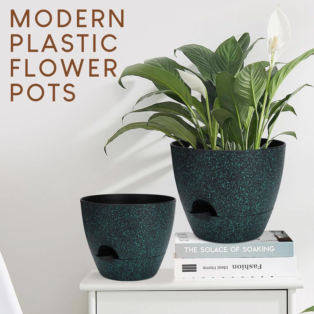 YNNICO Plant Pots 10/9/8/7.5/7 inch, Self Watering Planters with Drainage Holes & Saucers for Indoor and Outdoor Plants