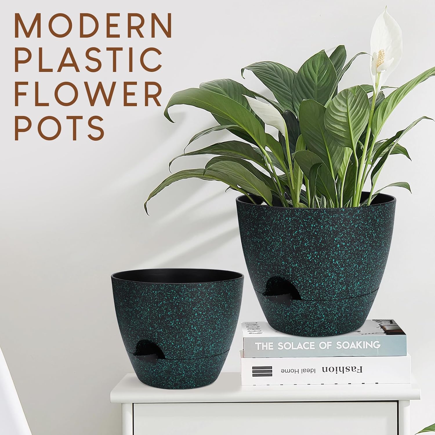 YNNICO Plant Pots 10/9/8/7.5/7 inch, Self Watering Planters with Drainage Holes & Saucers for Indoor and Outdoor Plants