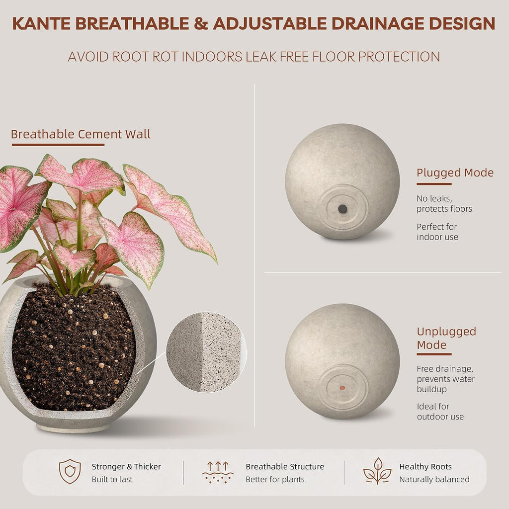 Kante Small Round Sphere Weathered Concrete Planter 11" Dia, Outdoor | Rubber Plug for Indoor, Drainage for Garden