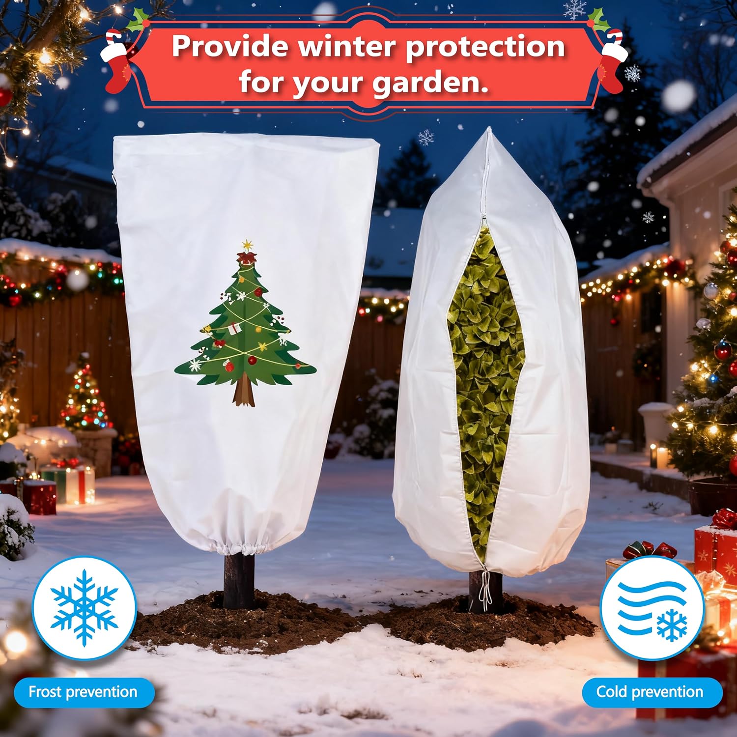 71"h x 47"w Plant Covers Freeze Protection - Reusable Tree wrap for Outdoor Plants,Cloths with Santa Claus Print