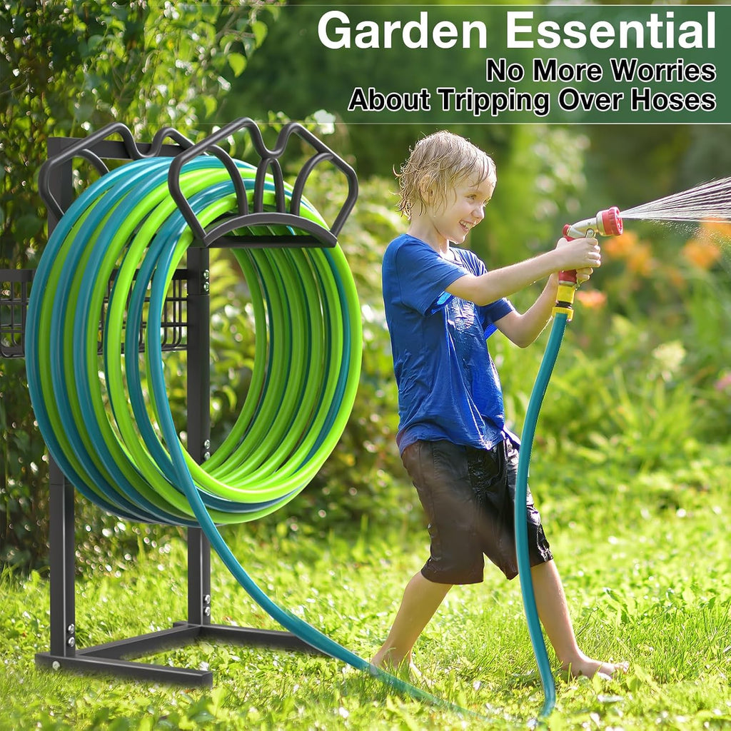 Qatsrin Garden Hose Holder with Large Basket, Heavy Duty Hose Reel, Black | Upgraded Water Hose Storage Stand Holds