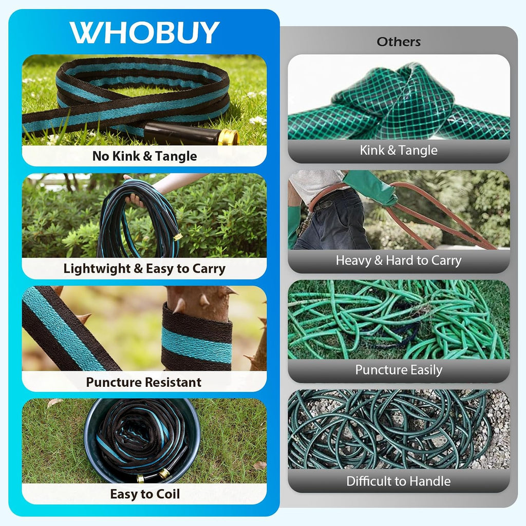 100FT Non-Expandable Garden Hose, Flexible Water Hose with Spray Nozzle, Kink-Resistant, Leakproof 3/4" Brass
